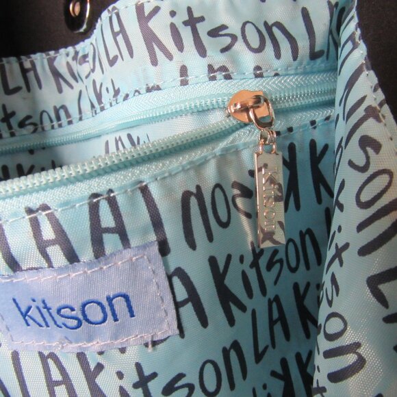 Kitson L.A. Neoprene Tote Bag Large Black and Silver Shoulder Handle Blue Lining - Picture 7 of 11